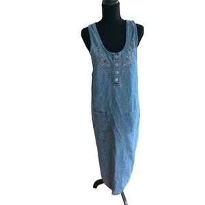 True Blue Vintage Denim Floral Embroidered Jumper Maxi Dress Blue Womens Medium